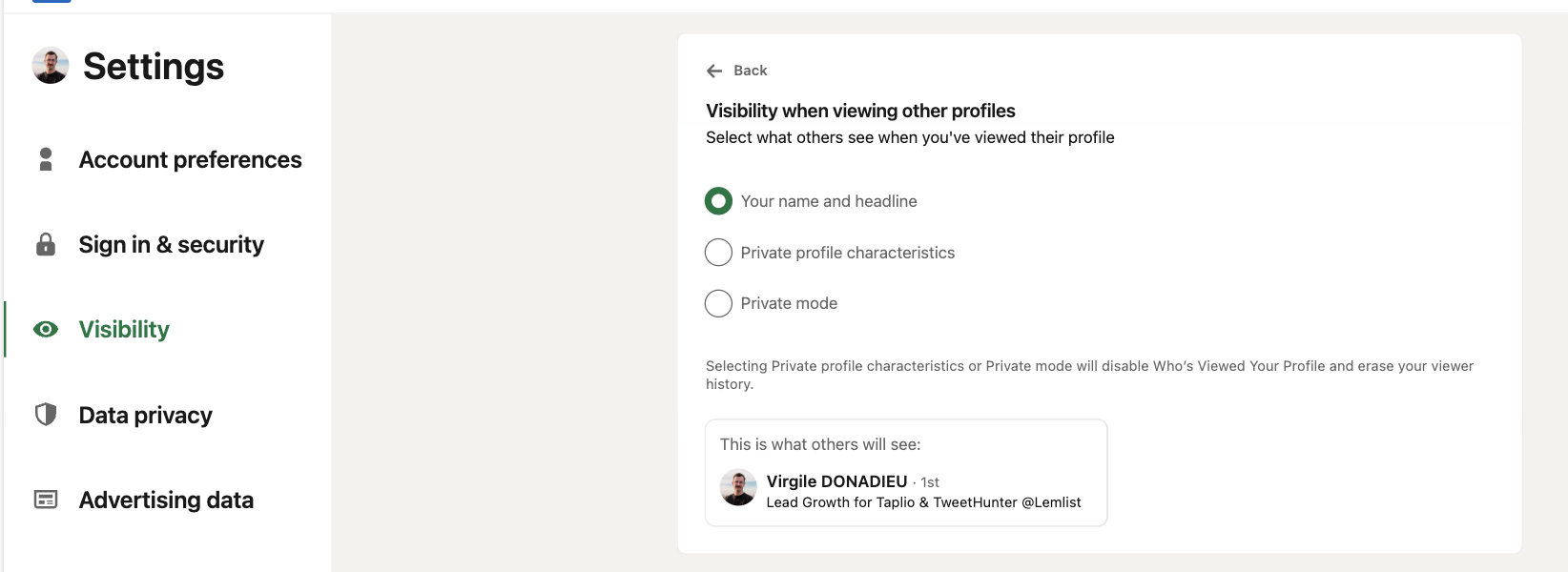The LinkedIn Visibility when viewing other profiles setting, showing the three options and the warning that private modes disable and erase viewer history