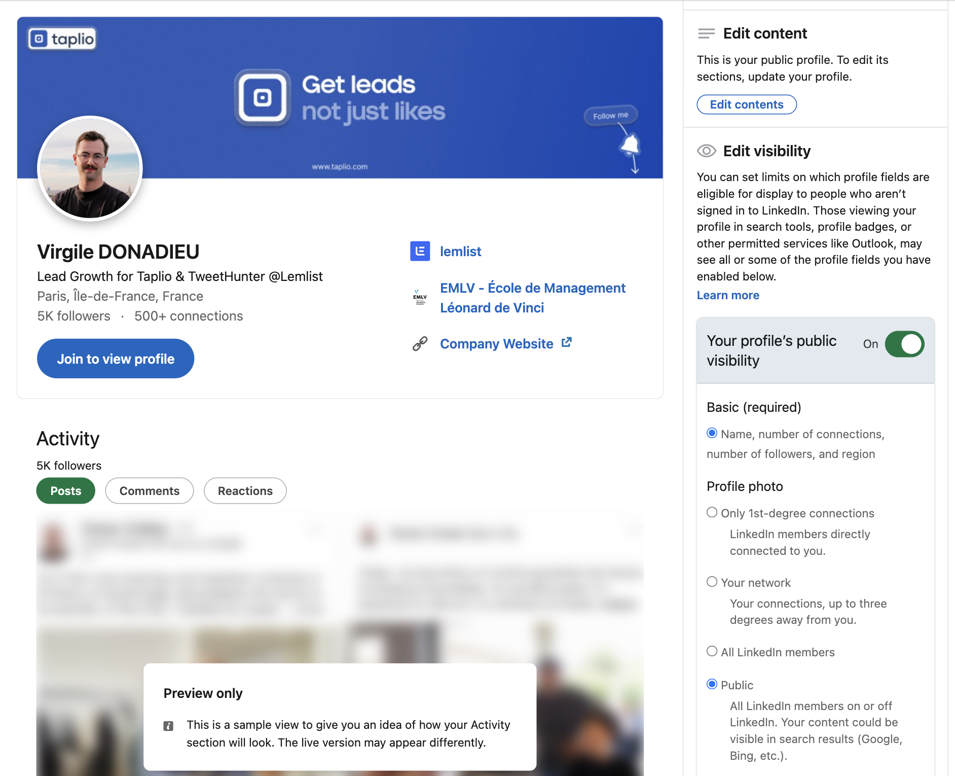 The LinkedIn public profile settings screen with the live preview on the left and the section visibility toggles on the right