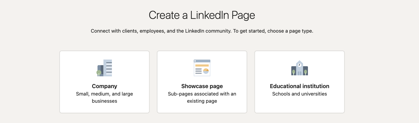 The three LinkedIn page types: Company, Showcase page and Educational institution