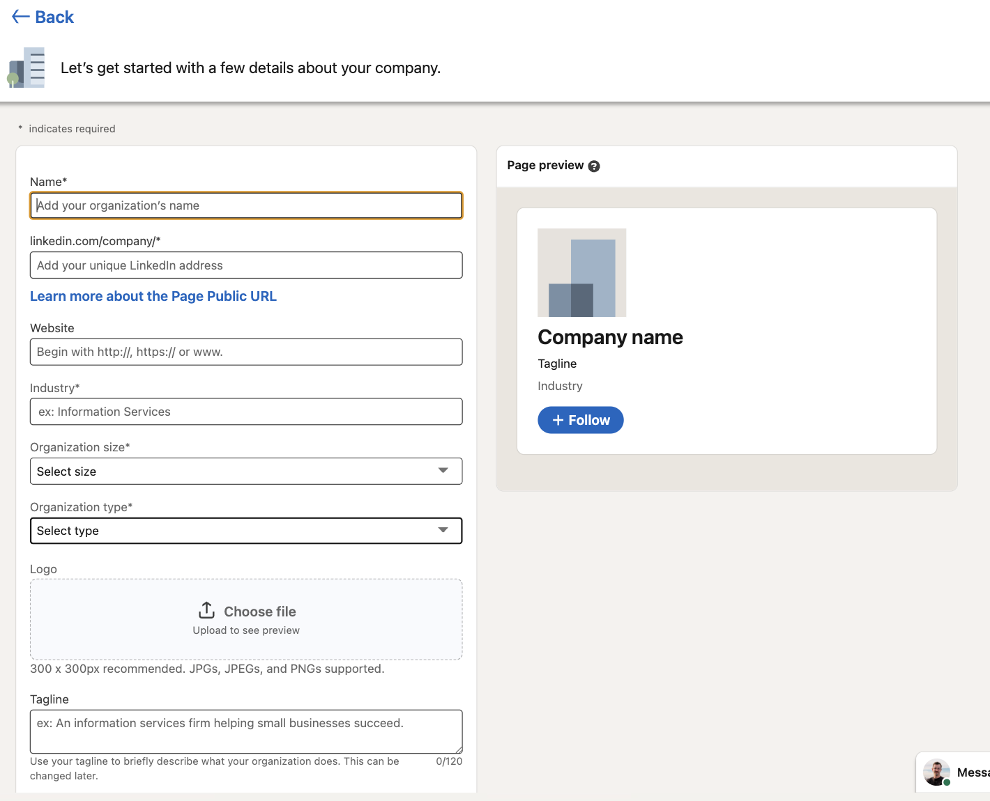 The LinkedIn page creation form with name, public URL, website, industry, size, type, logo and tagline fields, and the Page preview panel on the right