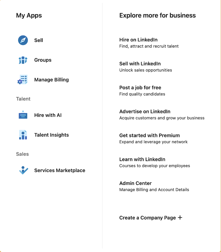 The LinkedIn For Business dropdown menu with the Create a Company Page option at the bottom