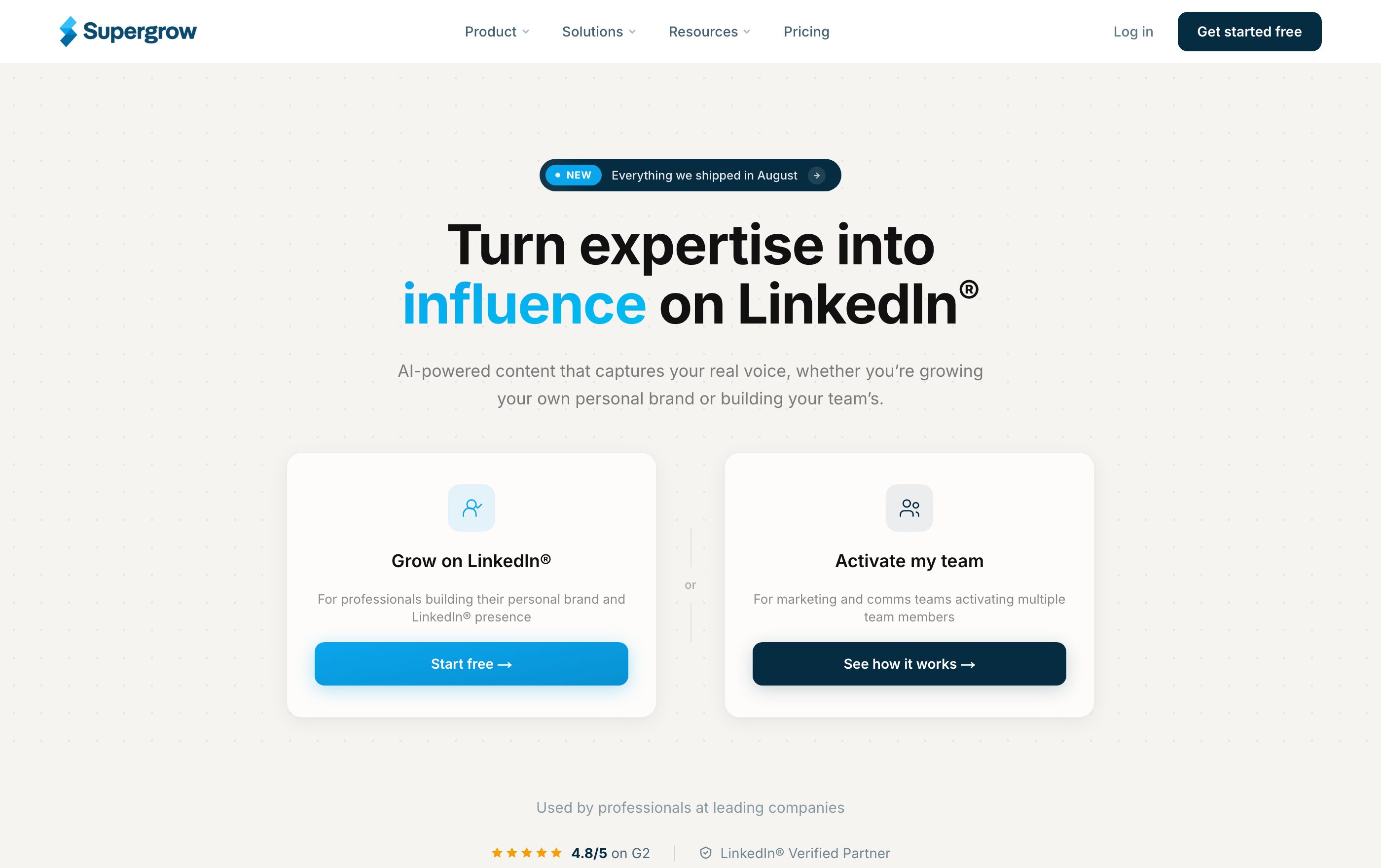Supergrow homepage in August 2026, positioning the tool around turning expertise into LinkedIn influence