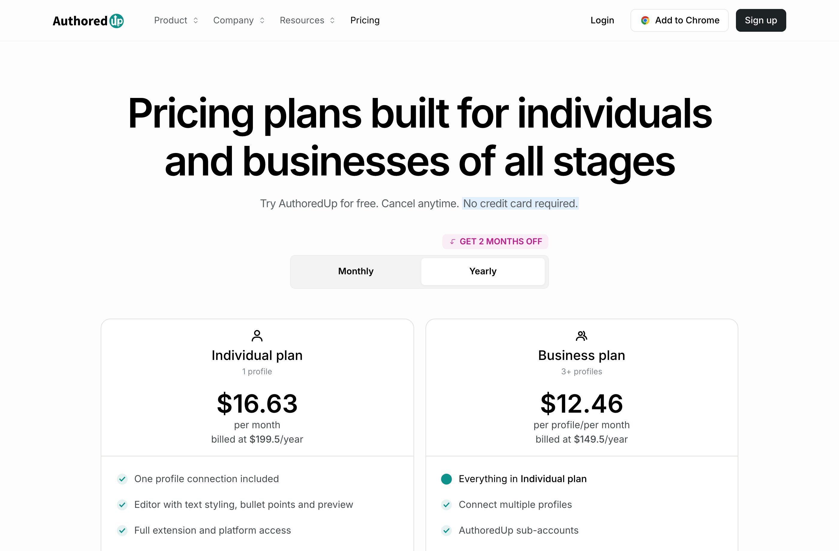 AuthoredUp pricing page in August 2026 showing the Individual and Business plans with the annual discount