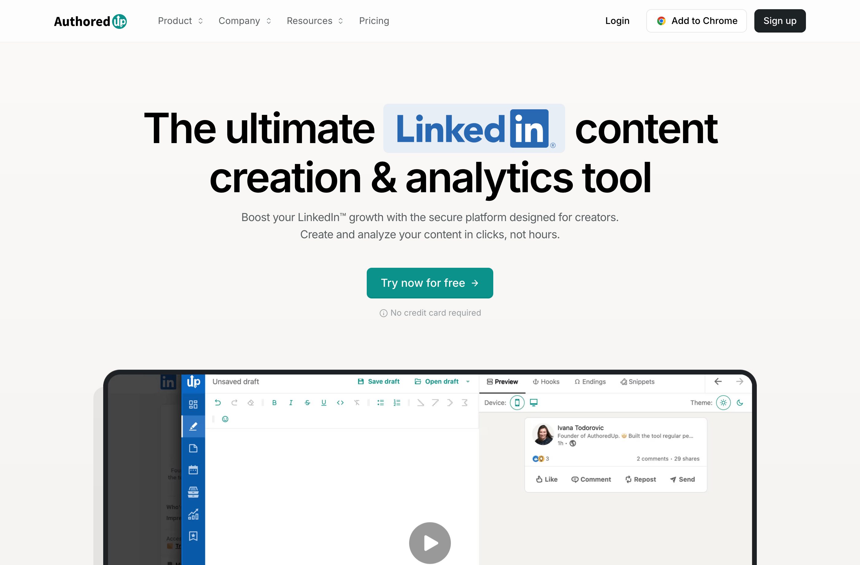 AuthoredUp homepage in August 2026, presenting the tool as an all-in-one LinkedIn content creation extension