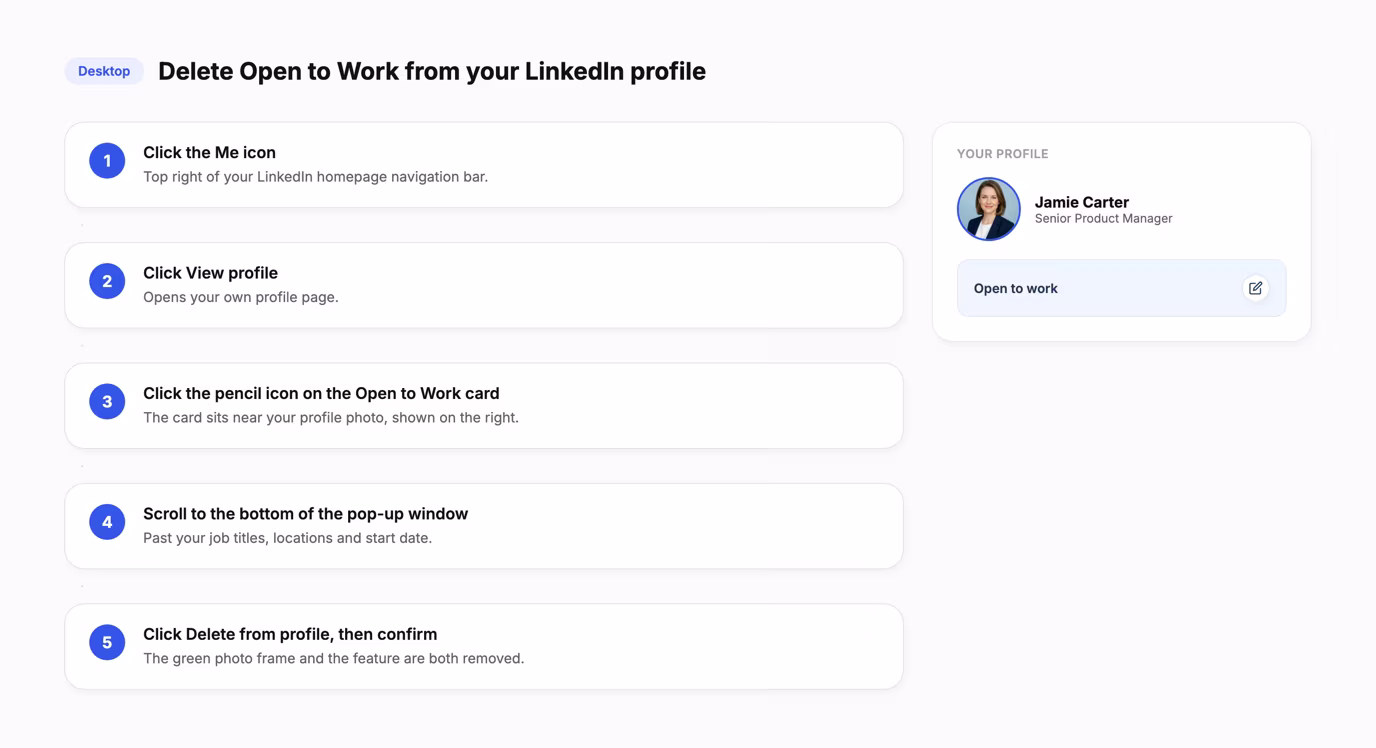 Five step desktop flow to delete Open to Work: Me icon, View profile, pencil icon on the Open to Work card, scroll to the bottom, then Delete from profile