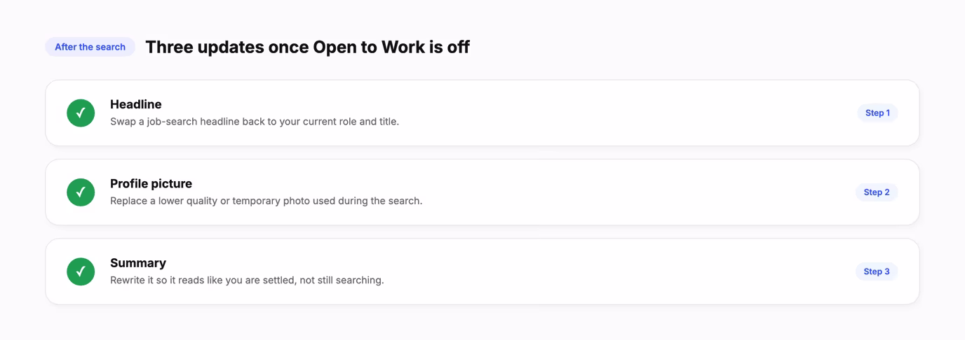 Three item checklist for after your job search ends: update your headline, refresh your profile picture, rewrite your summary
