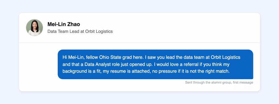 LinkedIn message card to Mei-Lin Zhao asking a fellow alumna for a referral to a Data Analyst role