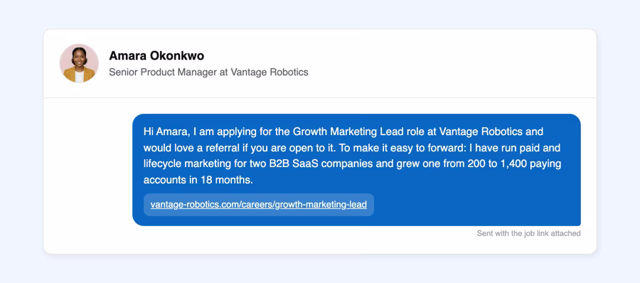 LinkedIn message card with a job posting link and a two-line summary for the referrer to reuse