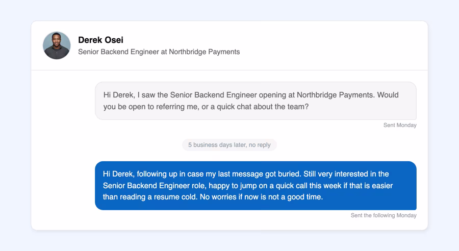LinkedIn message thread showing a first referral request and a follow-up message sent 5 business days later