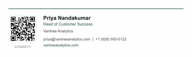 Example of a small LinkedIn QR code inside an email signature block next to a name and job title