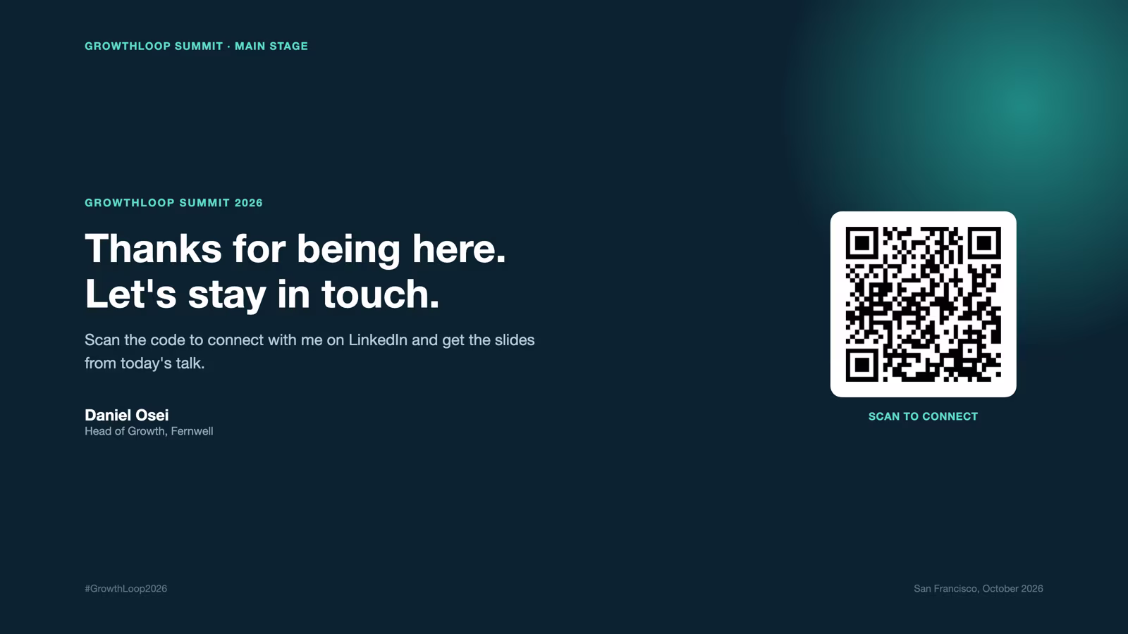 Example of a LinkedIn QR code on a conference closing slide next to a thank you message and speaker name
