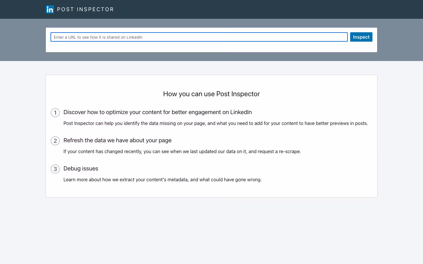 Screenshot of the public LinkedIn Post Inspector landing page with its URL input field and three-step explainer