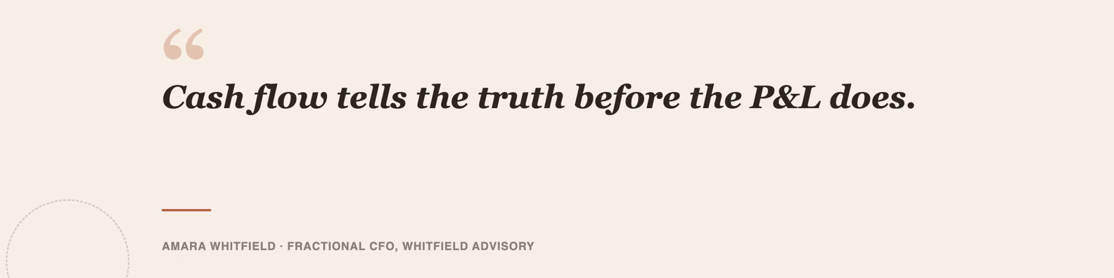LinkedIn banner example showing a quote-led design in large serif type on a warm cream background for a fractional CFO