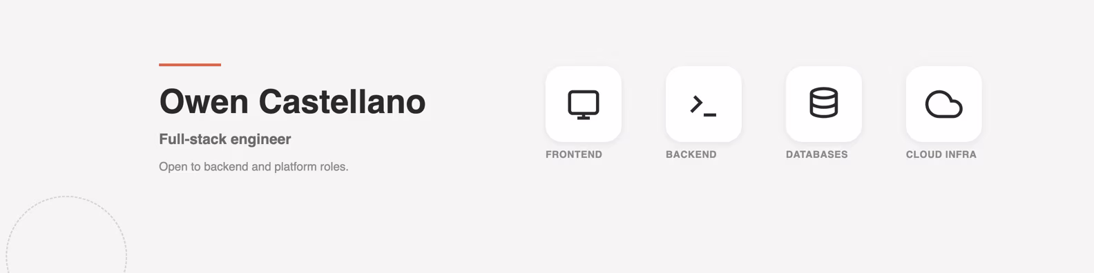LinkedIn banner example showing a minimalist row of skill icons above a name and title on a light background for a full-stack engineer