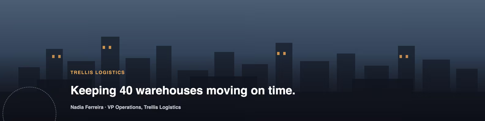 LinkedIn banner example showing an illustrated skyline and workspace backdrop with a gradient overlay and bottom text band for an operations leader