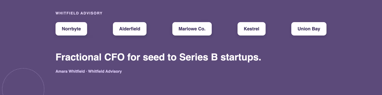 LinkedIn banner example showing a row of fictional client wordmark chips as social proof above a one-line positioning statement for a fractional CFO