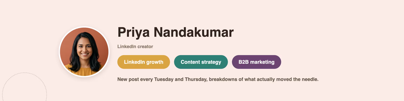 LinkedIn banner example showing a name with topic pill badges and a small circular headshot for a LinkedIn content creator