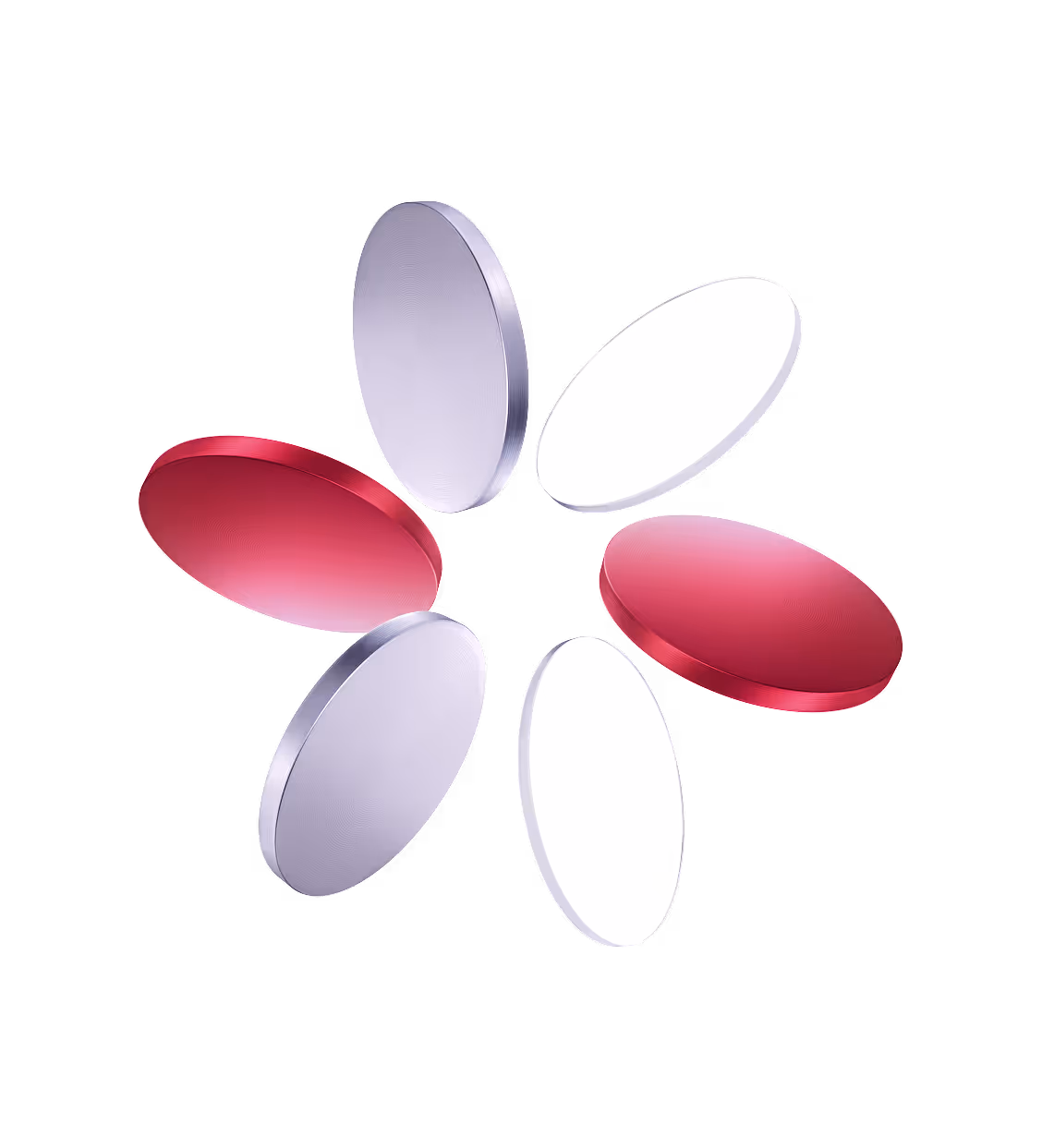 Six floating glossy discs arranged in a circular pattern, alternating in red, white, and light purple colors.