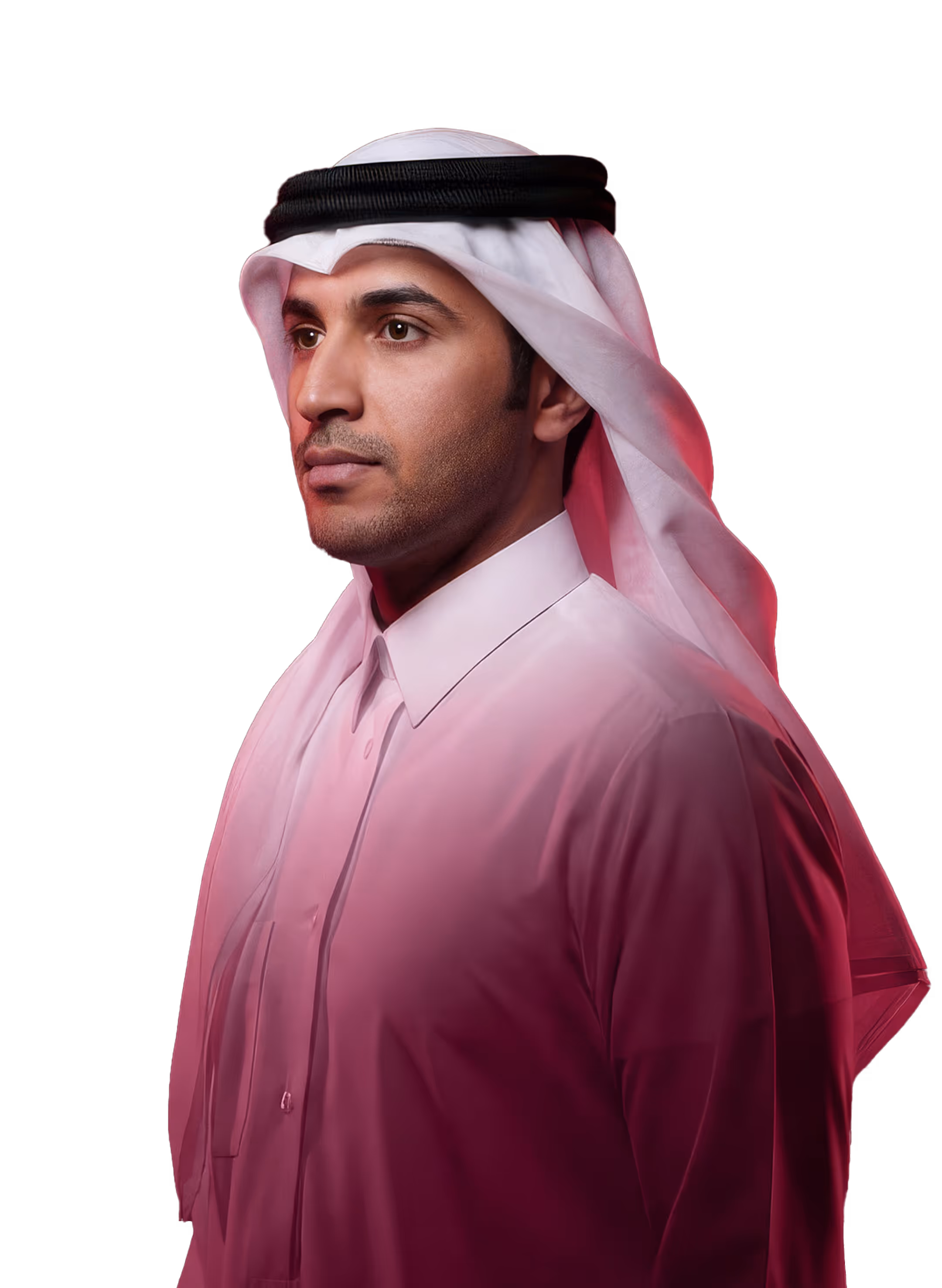 Portrait of a man wearing a white thobe and a traditional white headscarf with a black agal, looking to the side.