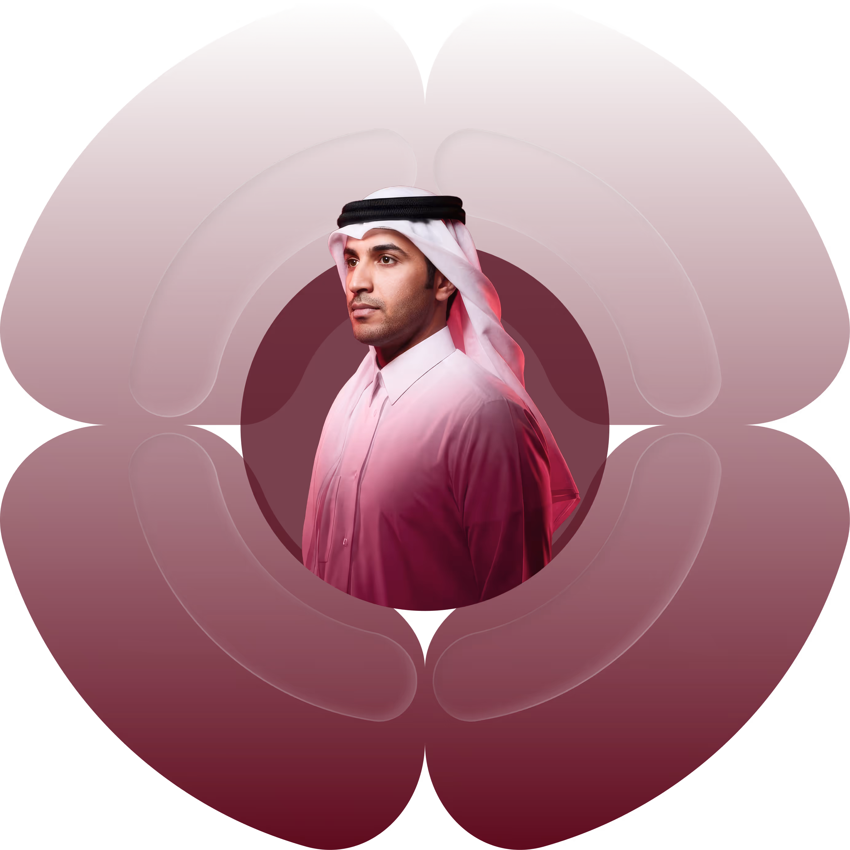 Portrait of a man wearing traditional white Middle Eastern attire and a black agal, set within a maroon abstract circular design.