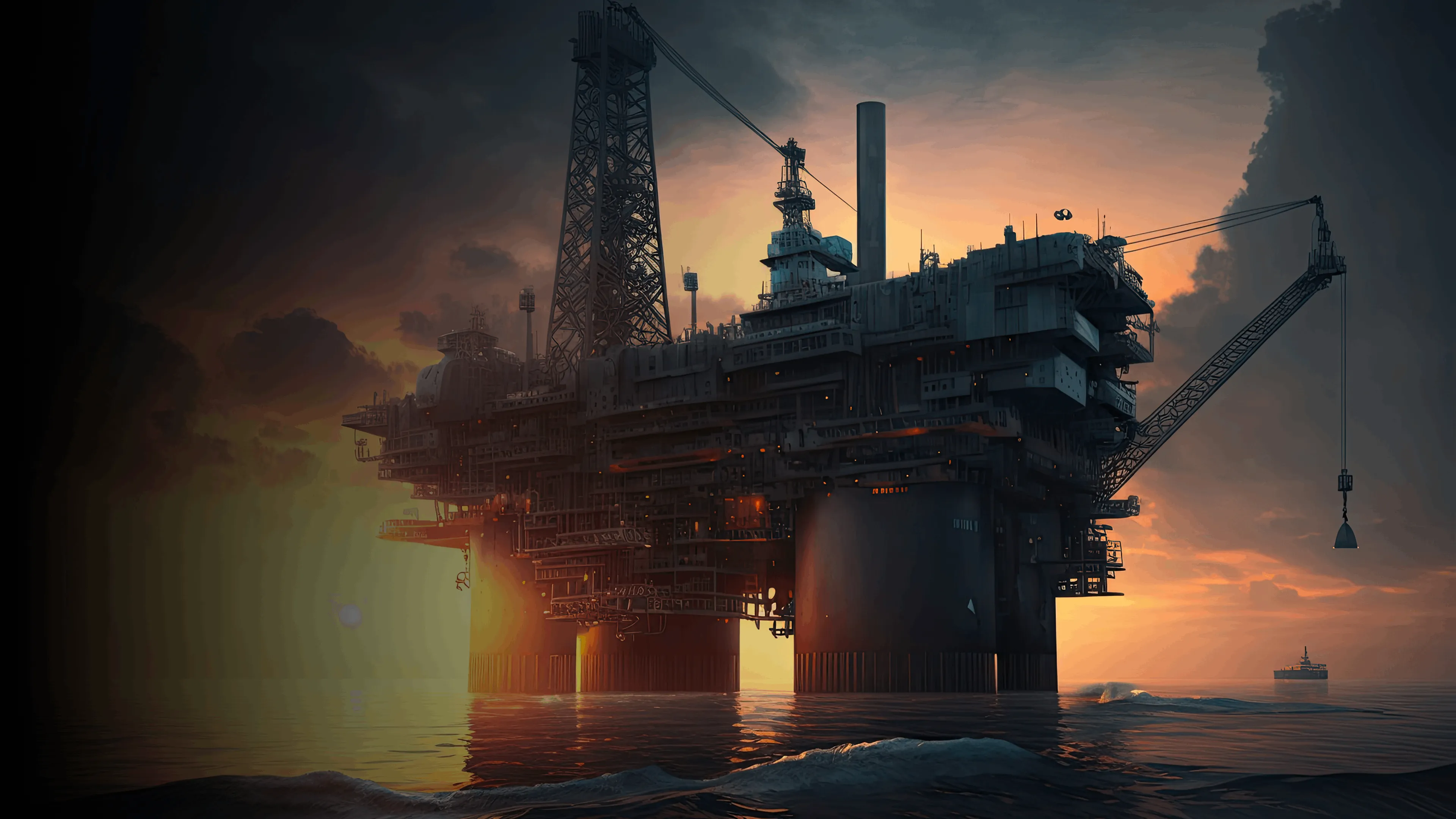Large offshore oil platform silhouetted against a dramatic sunset over calm ocean waters with a small ship in the distance.