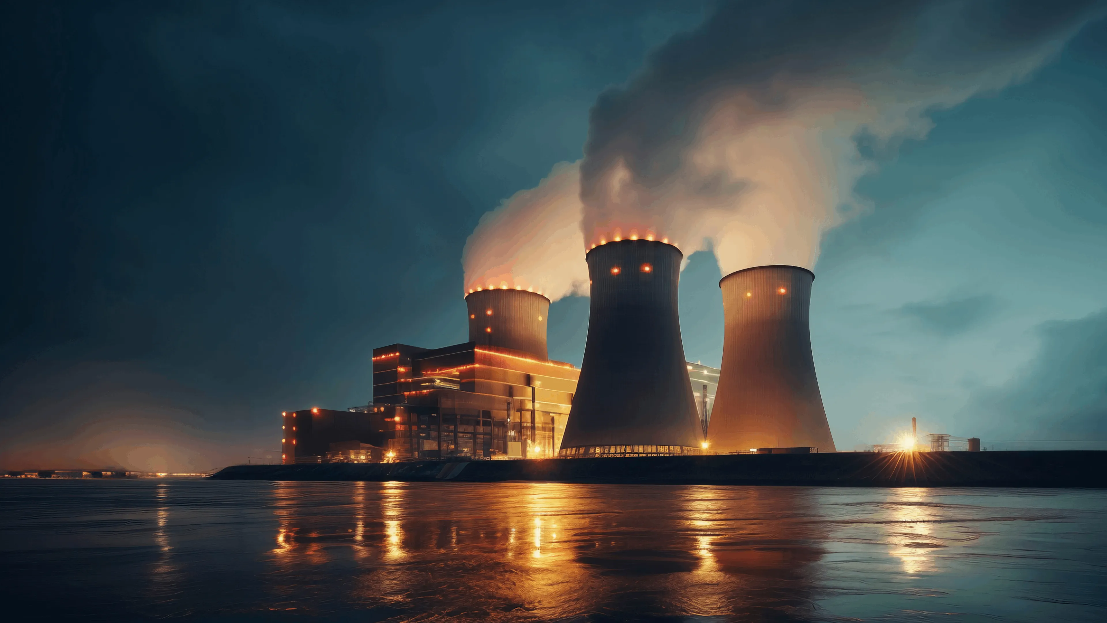 Nuclear power plant at dusk with three cooling towers emitting steam reflected in nearby water.