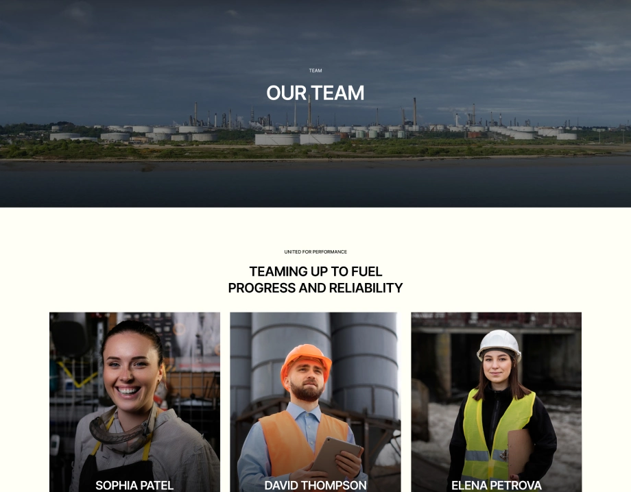 Industrial facility with storage tanks under a cloudy sky with text 'Our Team' and portraits of three workers wearing safety gear named Sophia Patel, David Thompson, and Elena Petrova.