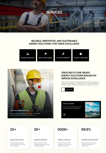 Industrial worker wearing a yellow hard hat, safety glasses, and a respirator mask on a construction site, promoting sustainable energy solutions and service excellence.