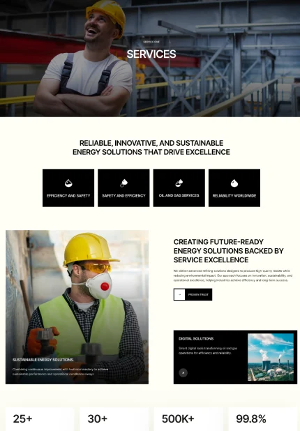 Website section titled Services showing a smiling worker in a yellow hard hat in an industrial setting, icons for efficiency, safety, oil and gas services, and reliability, with images and text about sustainable energy solutions and future-ready energy innovation.