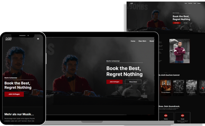 Website-Layout mit einem Musiker hinter einem DJ-Pult und dem Text ‚Book the Best, Regret Nothing‘ auf einem Laptop- und einem Smartphone-Bildschirm.