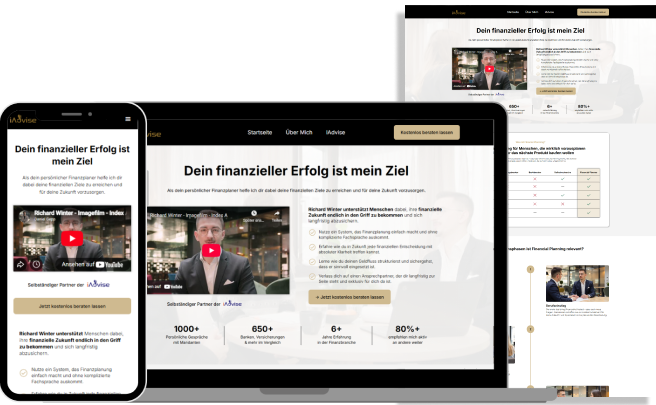 Website-Ansicht auf Smartphone und Laptop zeigt Finanzberatungsseite mit Titel „Dein finanzieller Erfolg ist mein Ziel“ und Video von Richard Winter.