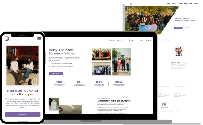 Website pages displayed on smartphone and laptop showing a marketing student program with text about hiring students, statistics, and collaboration opportunities.