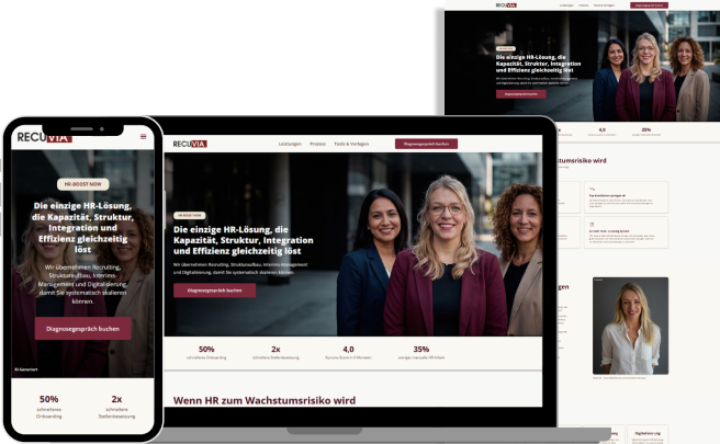 Mockup der Recuvia-Website auf Smartphone und Laptop mit dem Slogan zu HR-Lösungen für Recruiting, Digitalisierung und Interims-Management.