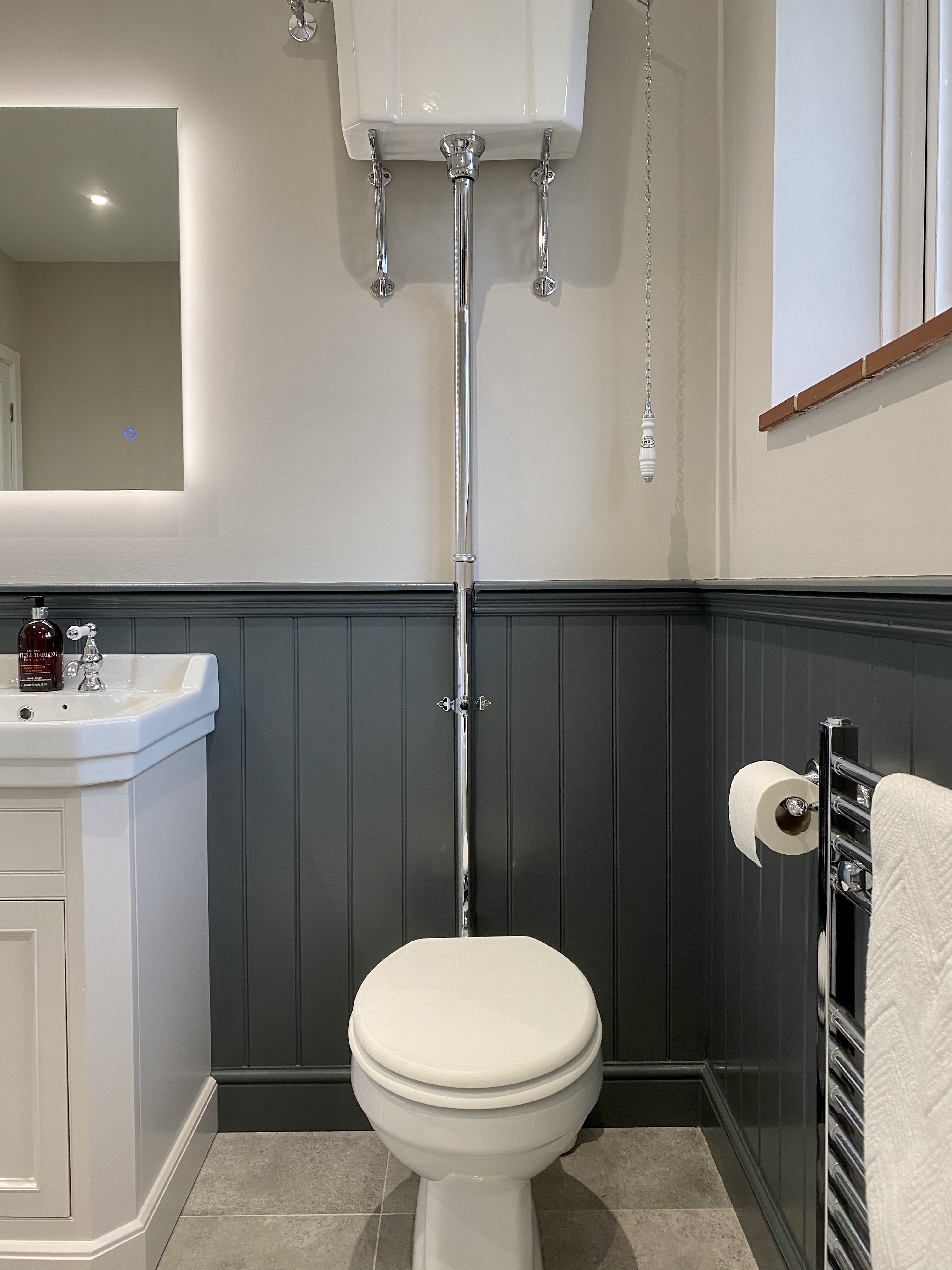 Bathroom with a white high-level toilet, dark paneling, sink vanity, mirror, and towel rack.
