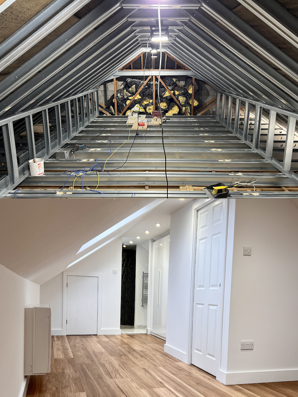Top image shows attic under renovation with metal framing; bottom shows finished attic room with wooden floor.