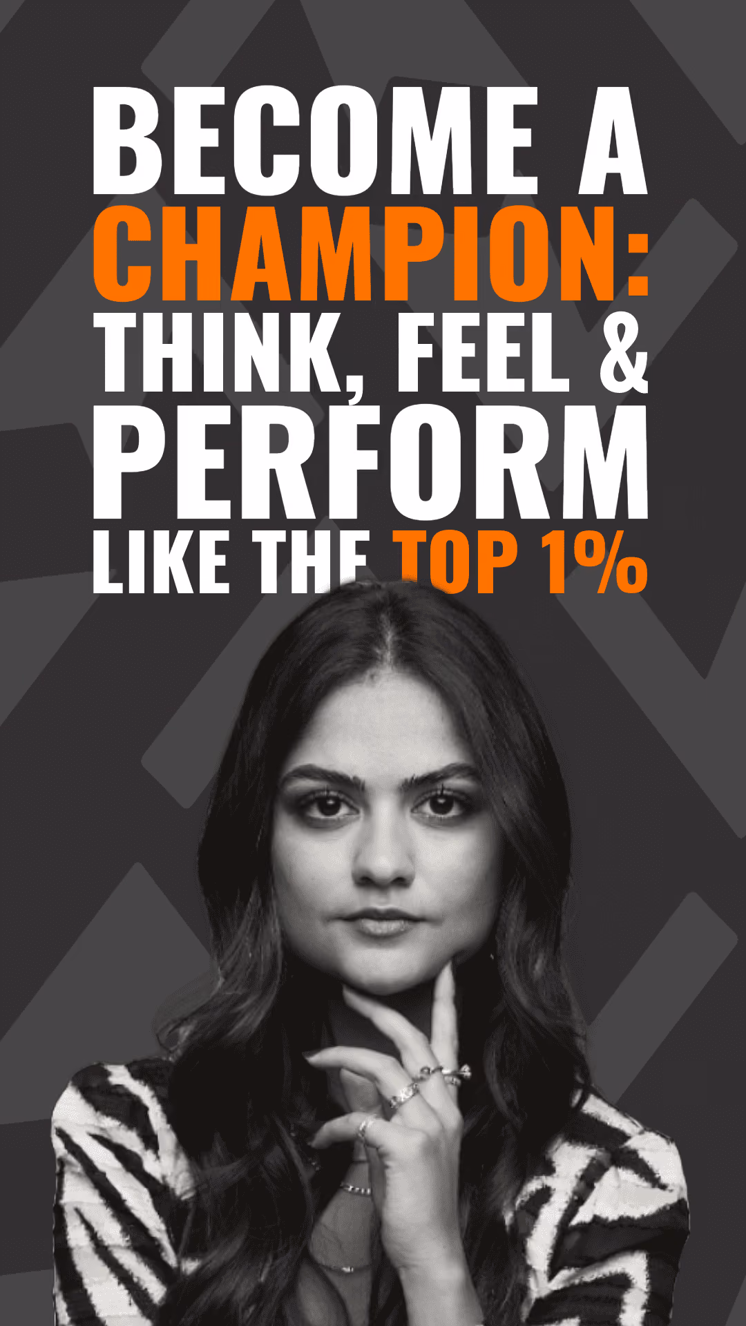 Woman with long hair and rings posing thoughtfully under text urging to become a champion like top 1%.