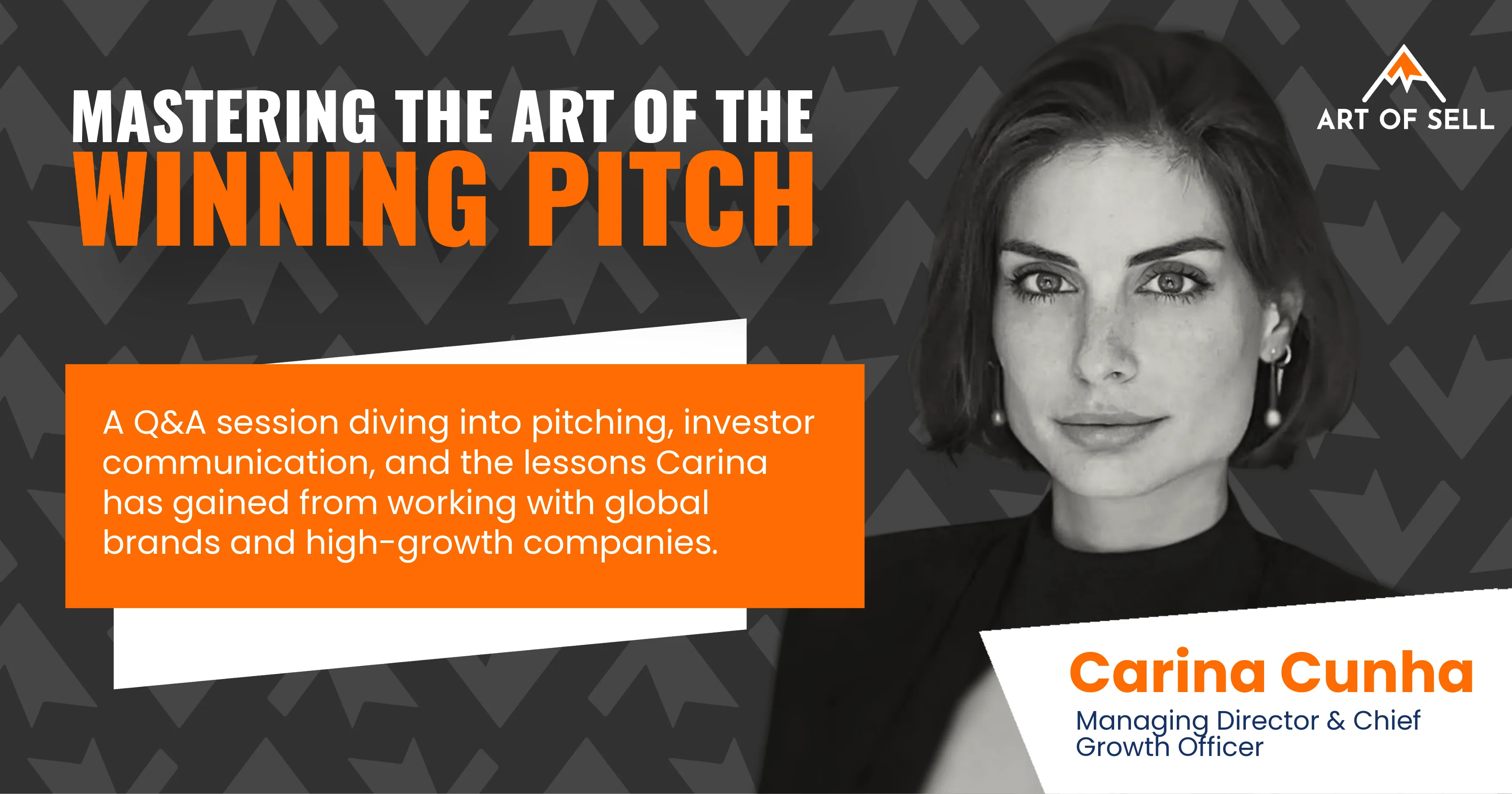 Portrait of Carina Cunha with text about mastering the art of the winning pitch and her role details.