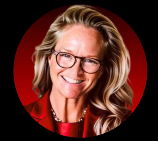 Smiling woman with long blonde hair wearing glasses and a red blazer against a red background.