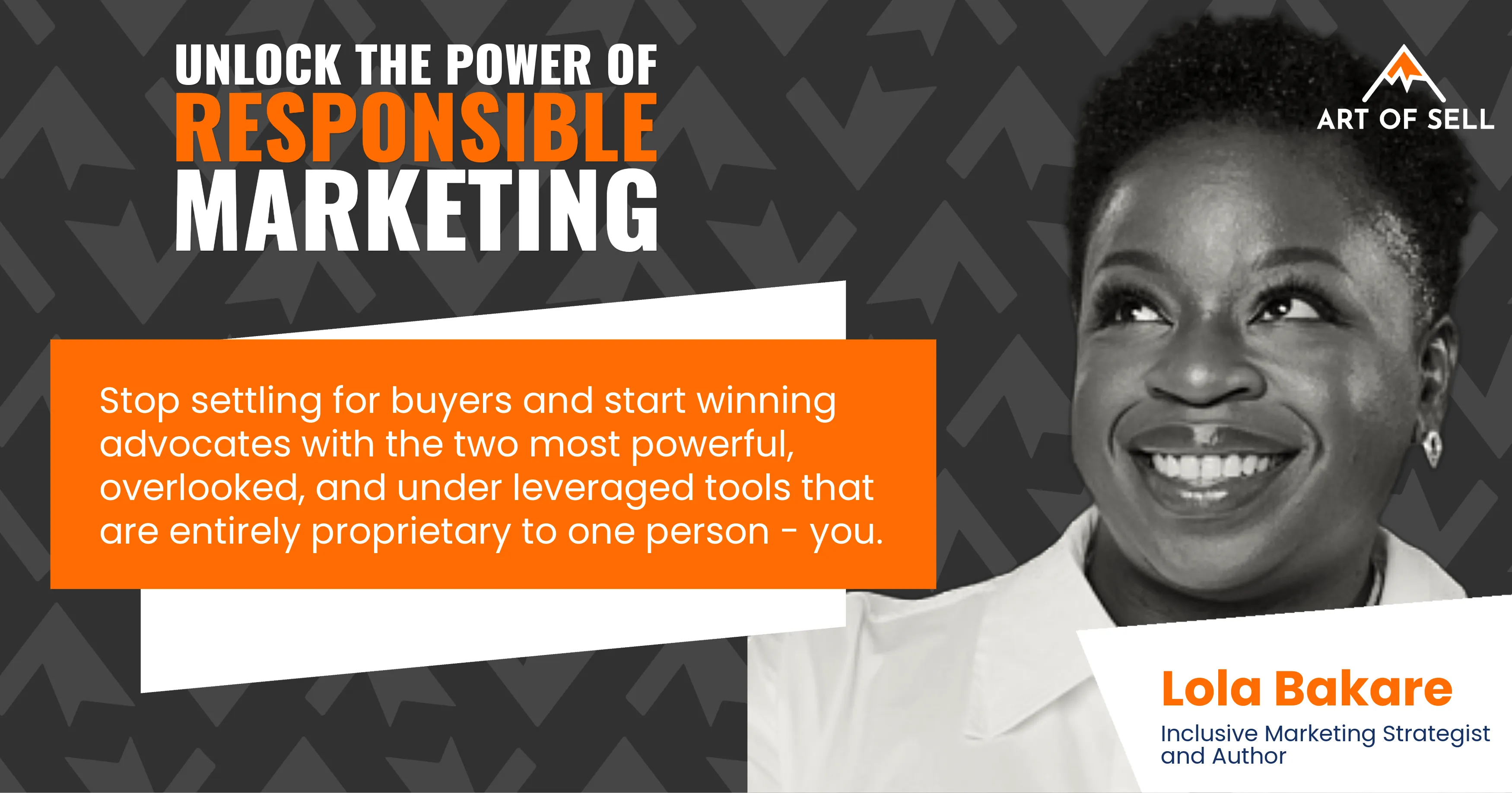 Smiling woman Lola Bakare, Inclusive Marketing Strategist and Author, with text about responsible marketing.