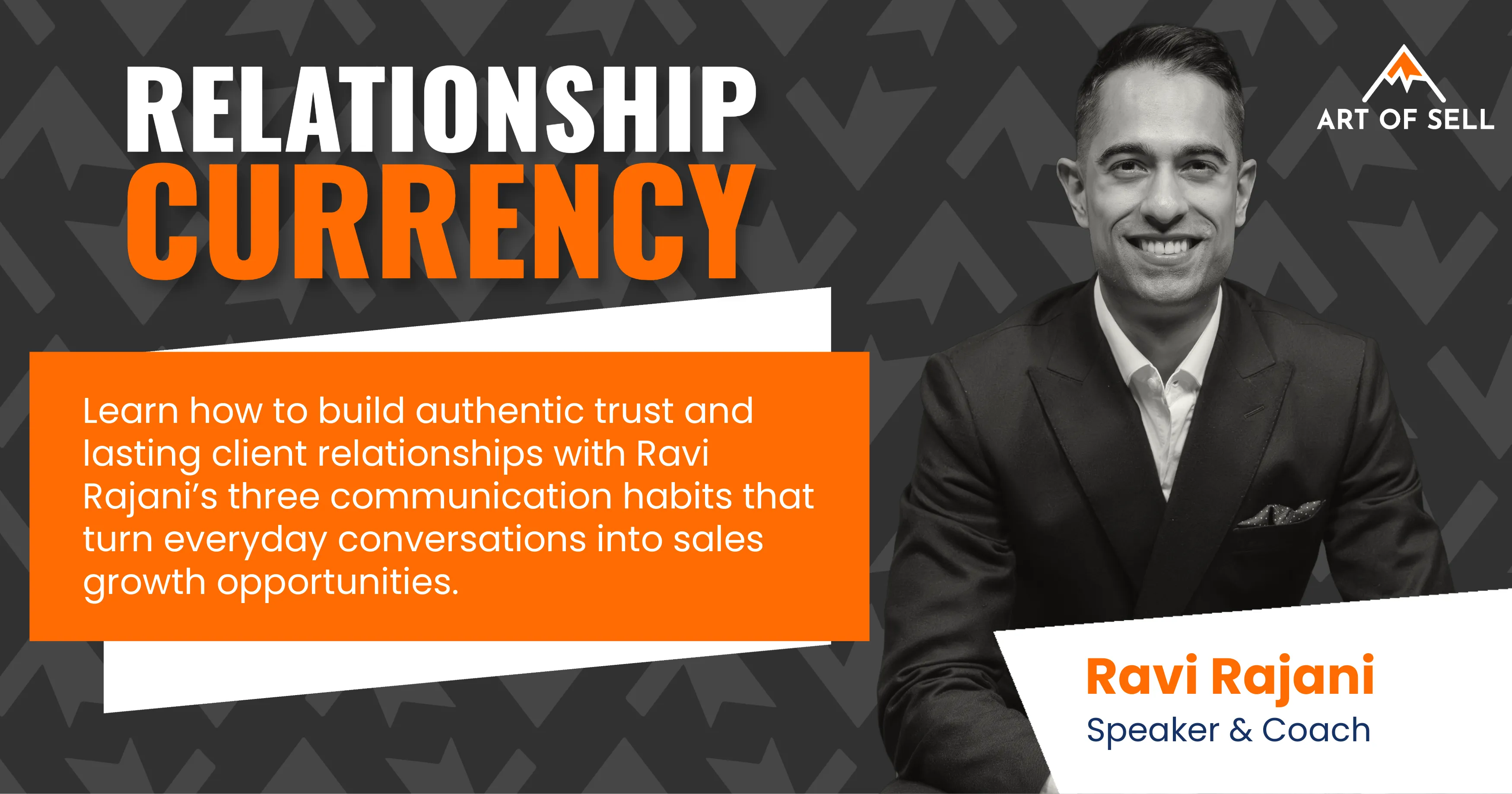 Smiling man in a suit identified as Ravi Rajani, speaker and coach, next to text about building client trust.