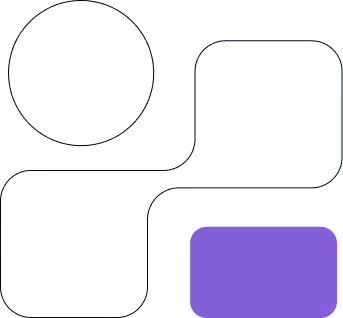 Simple abstract graphic of three black rectangles connected by lines to one larger purple rounded rectangle on a black background.
