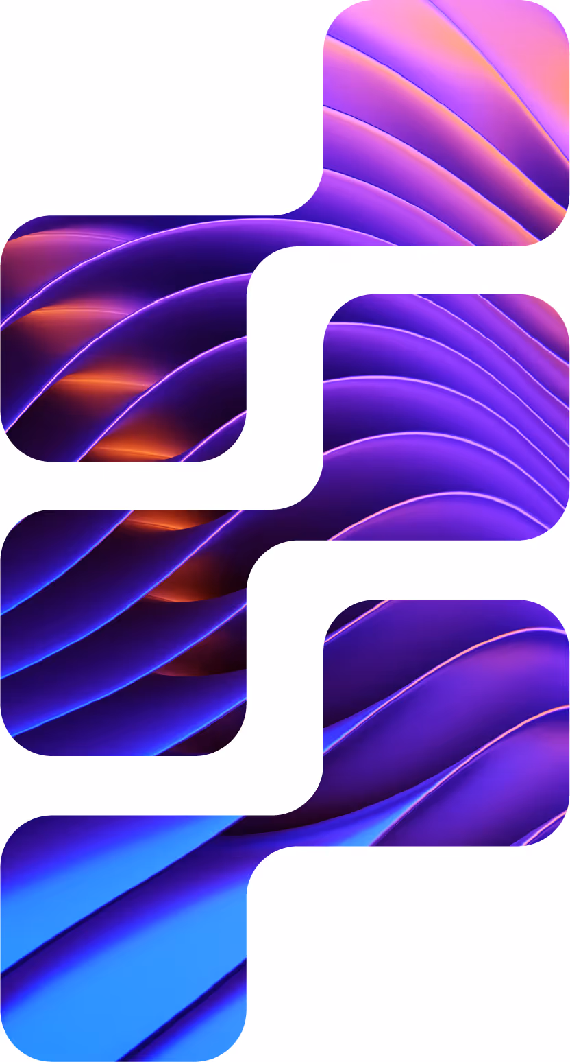 Abstract curved ribbon shapes in vibrant purple, blue, and orange gradient tones with smooth lighting effects.