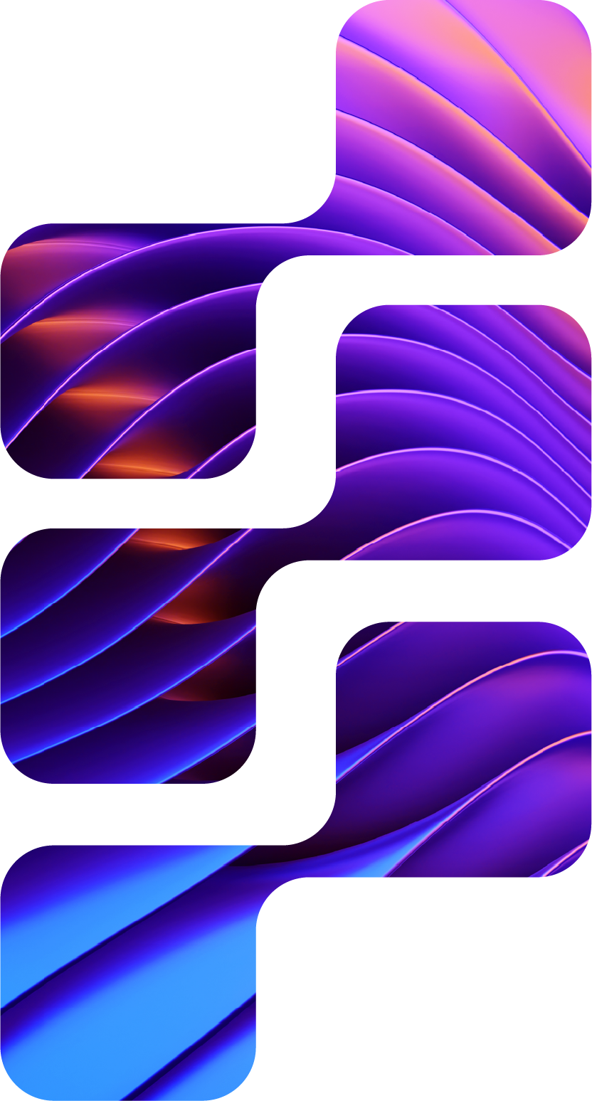 Abstract curved ribbon shapes in vibrant purple, blue, and orange gradient tones with smooth lighting effects.