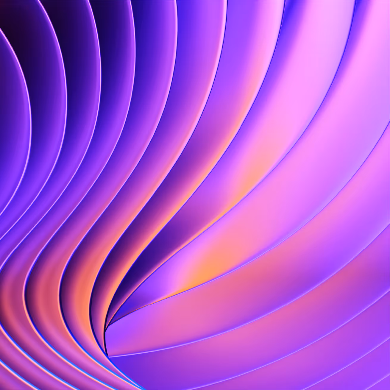 Abstract close-up of curved, layered shapes in purple and orange hues creating a flowing pattern.