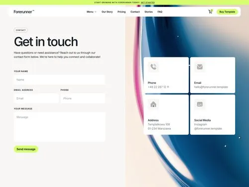 Contact form page titled 'Get in touch' with fields for name, email, phone, and message, alongside contact details including phone number, email, address, and social media handle.