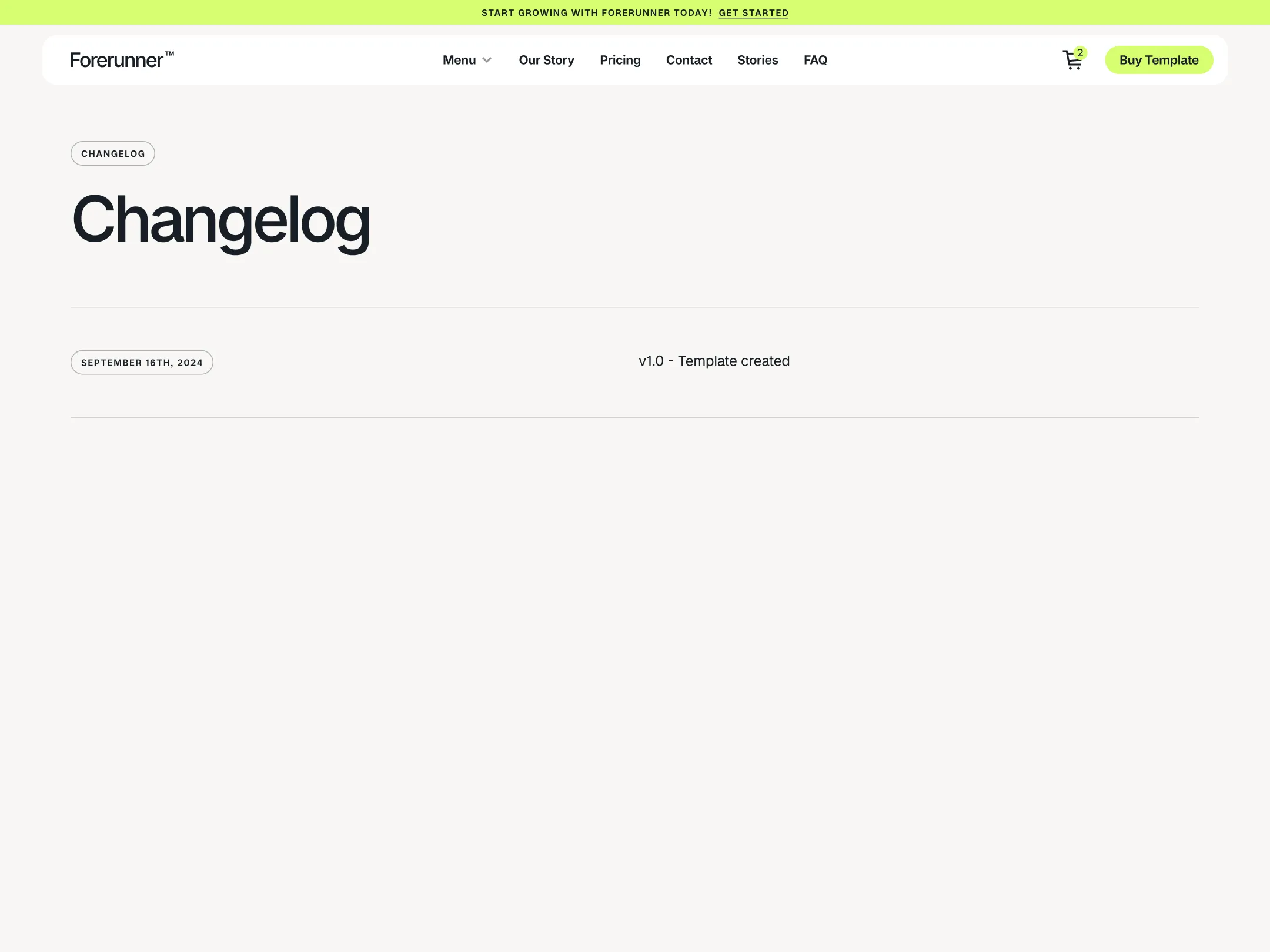 Changelog page of Forerunner website showing version 1.0 template creation dated September 16th, 2024.