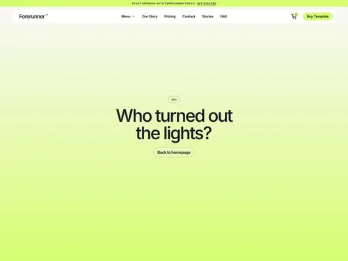Website 404 error page with text 'Who turned out the lights?' and a button to go back to the homepage on a light green gradient background.