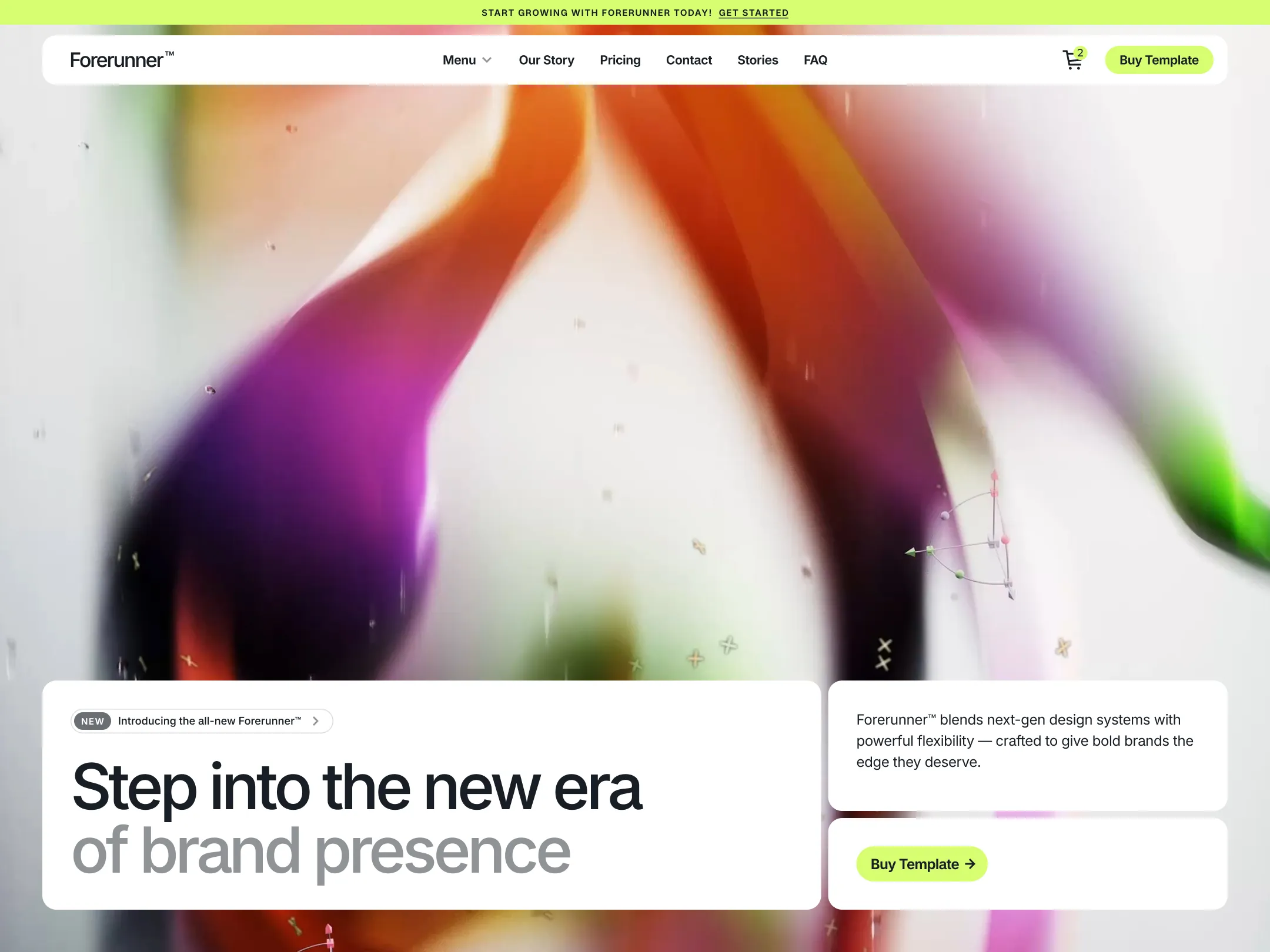 Website header for Forerunner with a colorful abstract background and text promoting a new era of brand presence, featuring menu and buy template buttons.