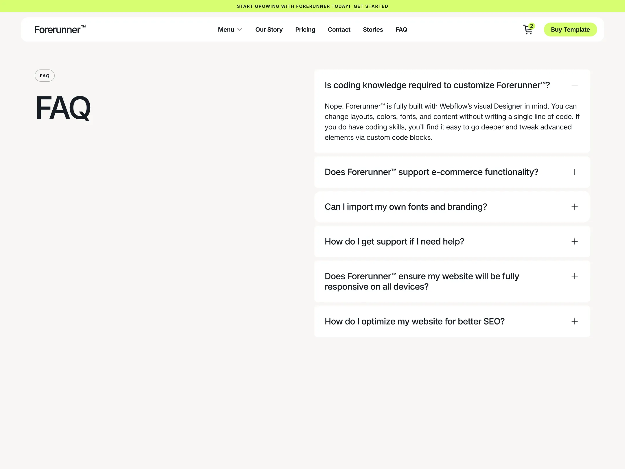 FAQ page of Forerunner website showing six questions about coding knowledge, e-commerce support, importing fonts, getting help, device responsiveness, and SEO optimization with one answer expanded.