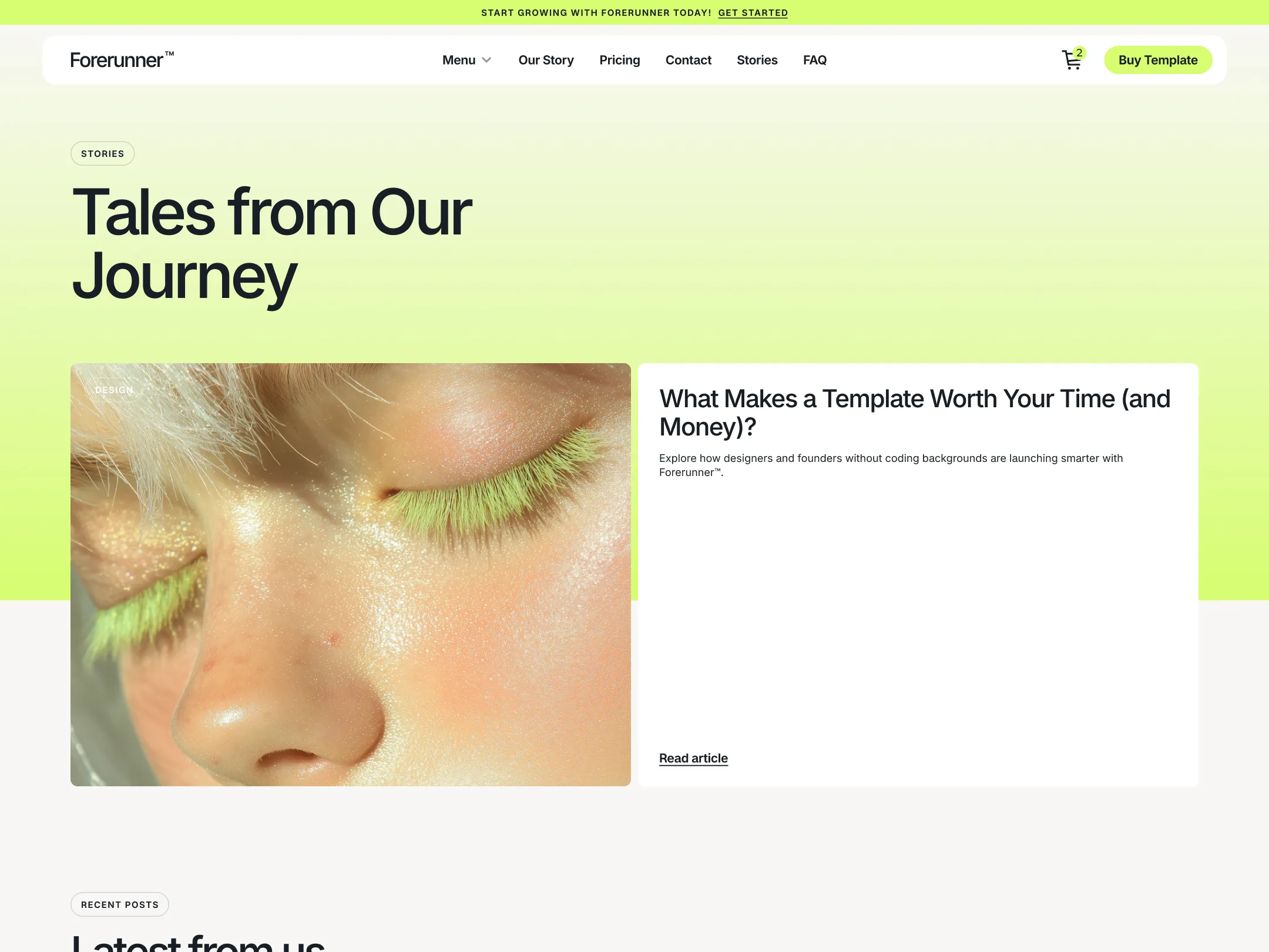 Close-up of a person's face with green eyelashes and shiny skin next to text about the value of templates.